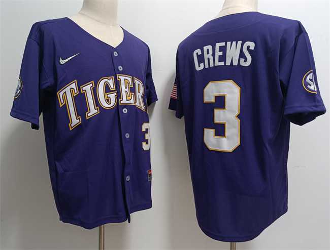 Men's LSU Tigers #3 ylan Crews Purple 2023 Stitched Baseball Jersey Dzhi